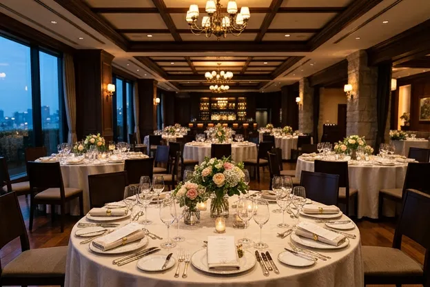 Upscale event space with elegant table settings and soft ambient lighting, empty restaurant ready for event