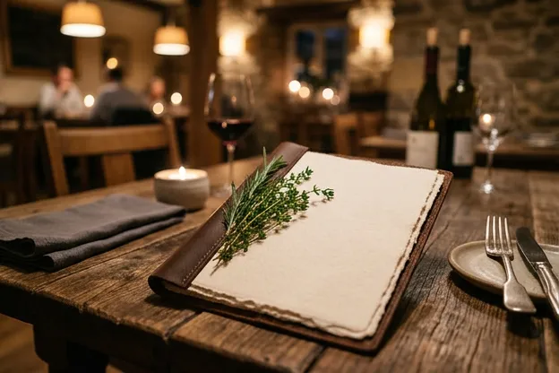 Restaurant menu card with fresh herb garnish, warm restaurant lighting background, professional tabletop photography, photorealistic, no people, no text visible