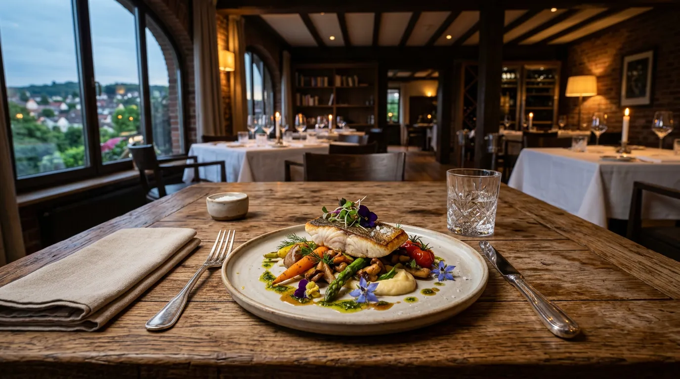 Elegant plated dish with fresh local ingredients, empty upscale restaurant interior with warm lighting, rustic wooden table