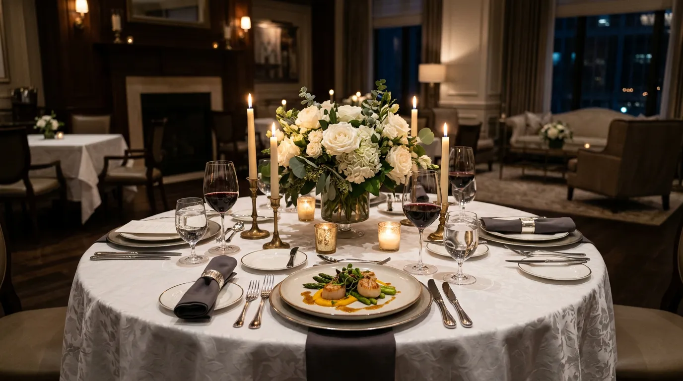 Elegant event table setting with fine dining setup, fresh flowers, candlelight, plated course ready to serve, empty restaurant space