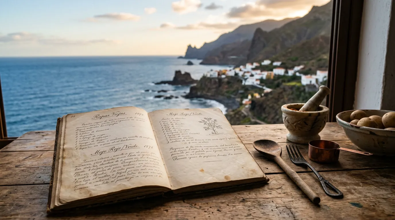 Historic cookbook pages with handwritten recipes, vintage kitchen utensils on wooden surface, canary islands coastal landscape in background