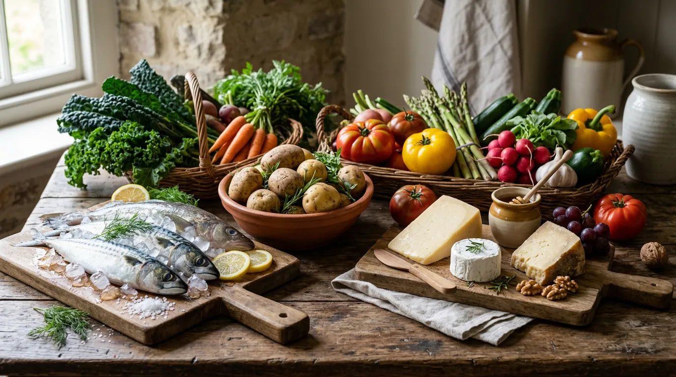 Fresh local produce arranged on rustic table: fresh fish, local potatoes, seasonal vegetables, artisanal cheese, natural morning light